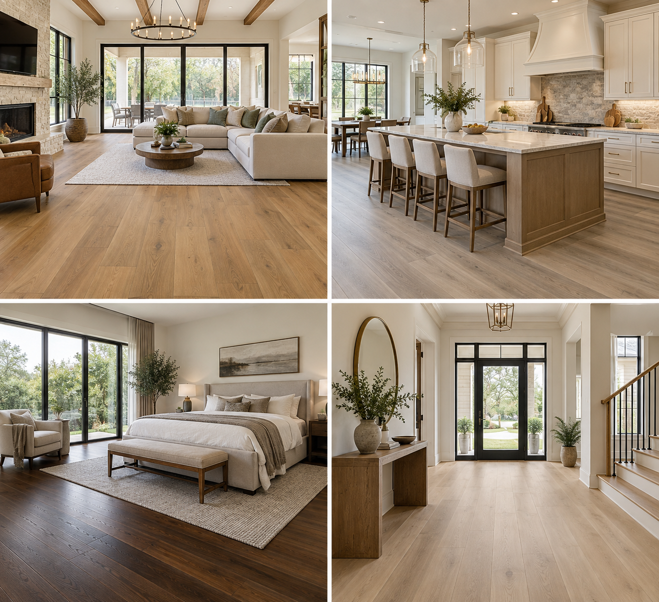 AI-rendered home applications showing warm, greige, espresso, and blonde LVP SPC flooring